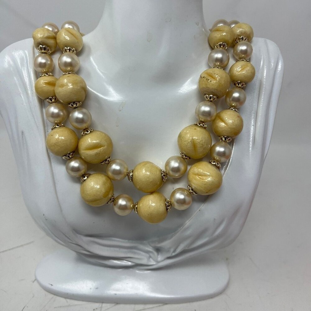 Vintageโ Double Strand Beaded Necklace Tan and Faux Pearl Beads Japan Flaw